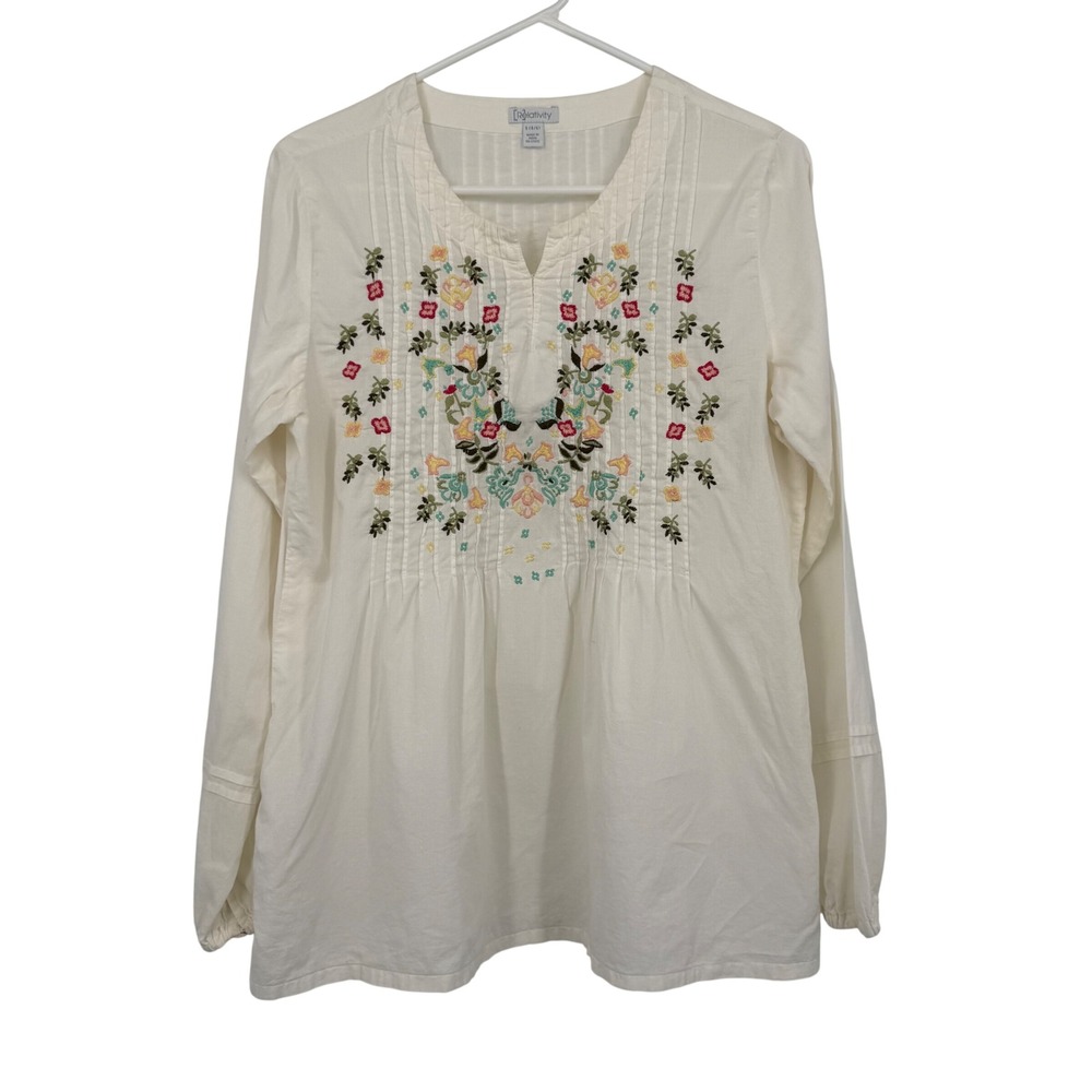 Relativity Womens White Cotton Embroidered Pintuck Long Sleeve Peasant Blouse S‎
